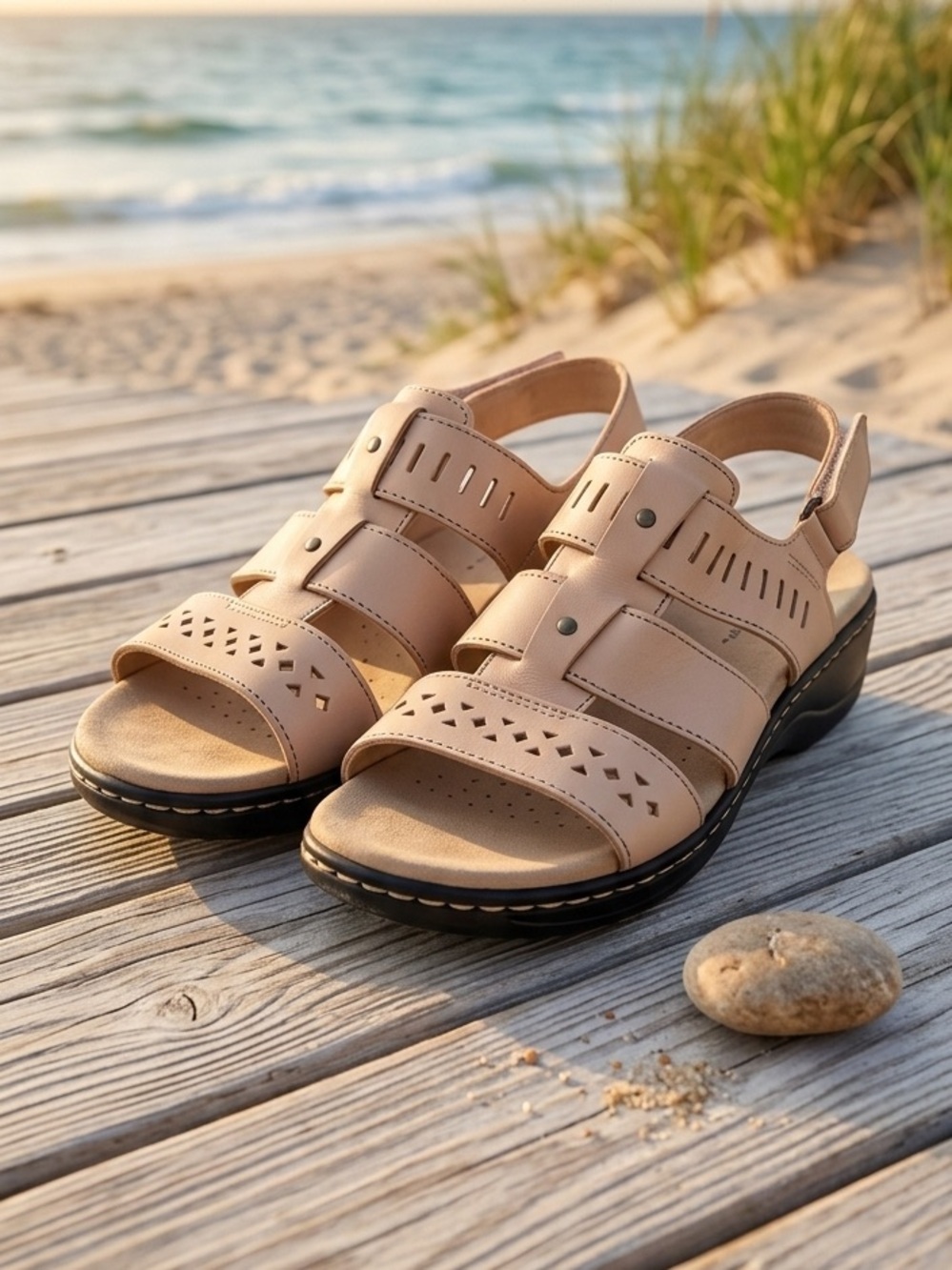 Clarks Collection Beige Leather Strappy Comfort Sandals Size 10W Wide Cutout New
